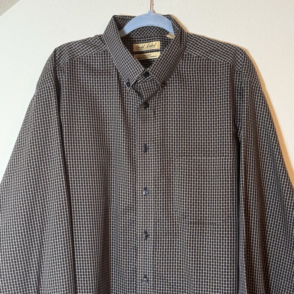 Gold Label Roundtree & Yorke Mens XL Non Iron Cotton Dress Shirt Brown Check